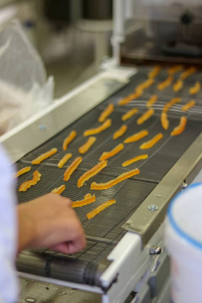 Écorces d’orange confites sur un tapis d’enrobage à la Chocolaterie de Puyricard